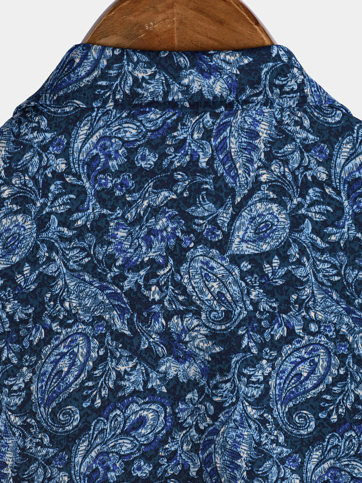 Chemise à manches courtes et poche à imprimé cachemire bleu pour homme