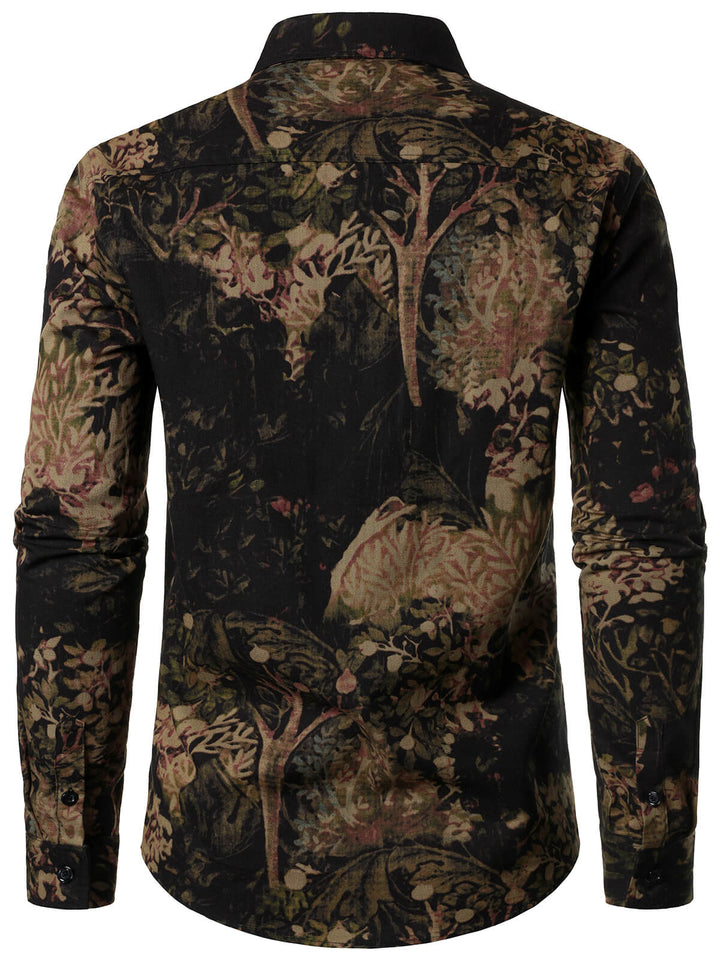Chemise boutonnée à manches longues et imprimé végétal rétro pour homme