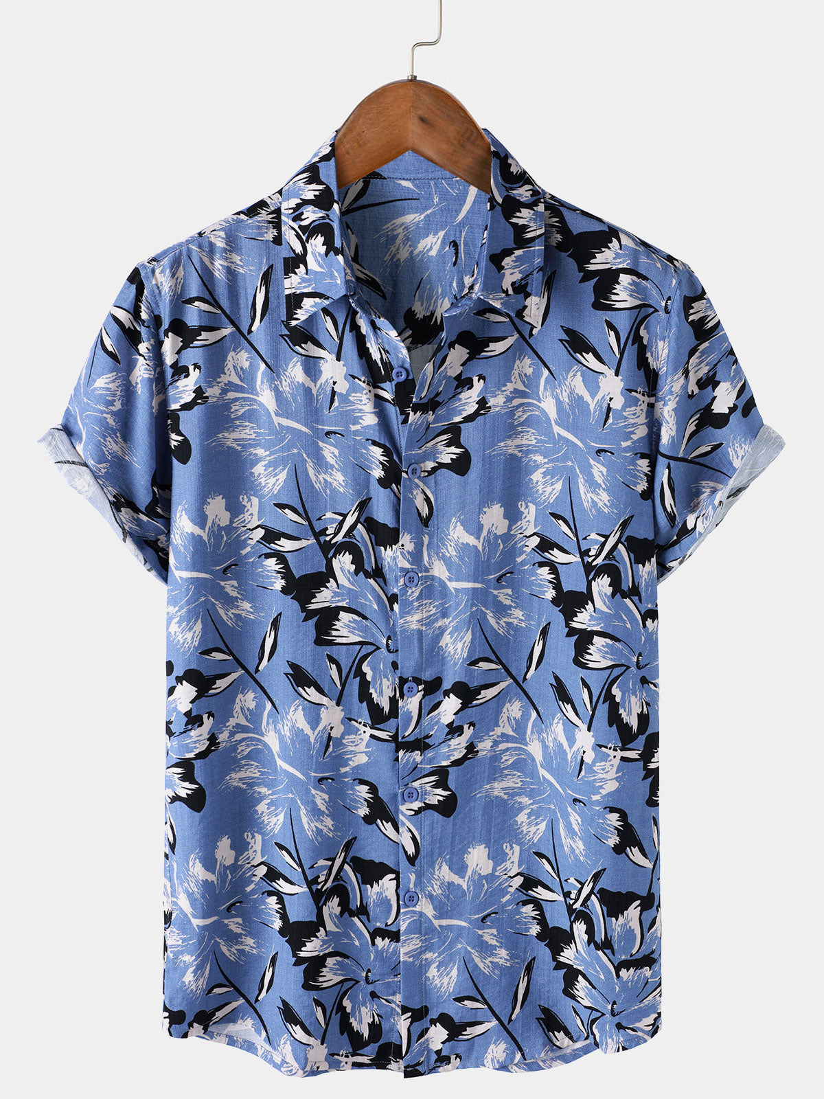 Chemise Homme Tropicale Bleue à Fleurs Manches Courtes Boutonnée