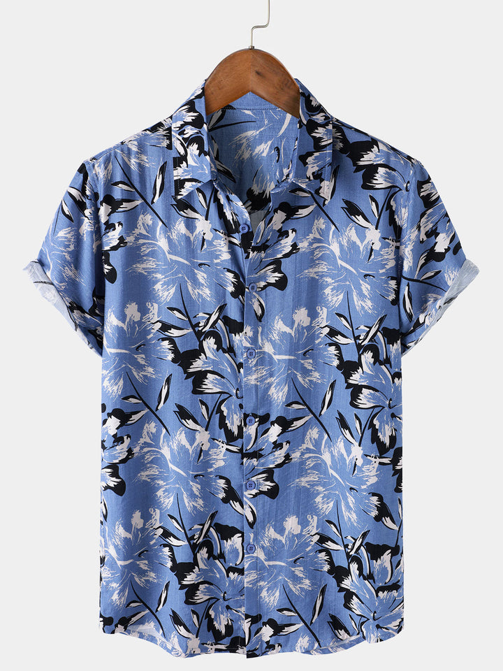 Chemise Homme Tropicale Bleue à Fleurs Manches Courtes Boutonnée