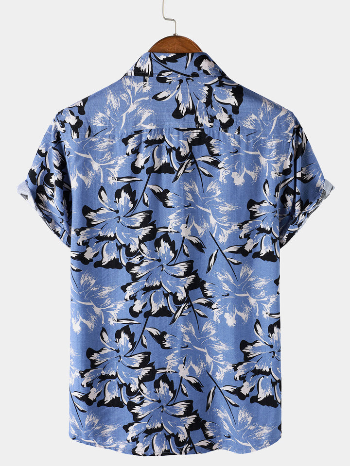 Chemise Homme Tropicale Bleue à Fleurs Manches Courtes Boutonnée