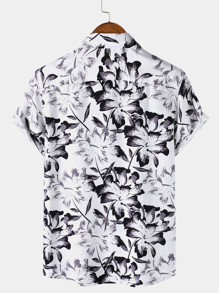Chemise Homme Tropicale Blanche à Fleurs Manches Courtes Boutonnée