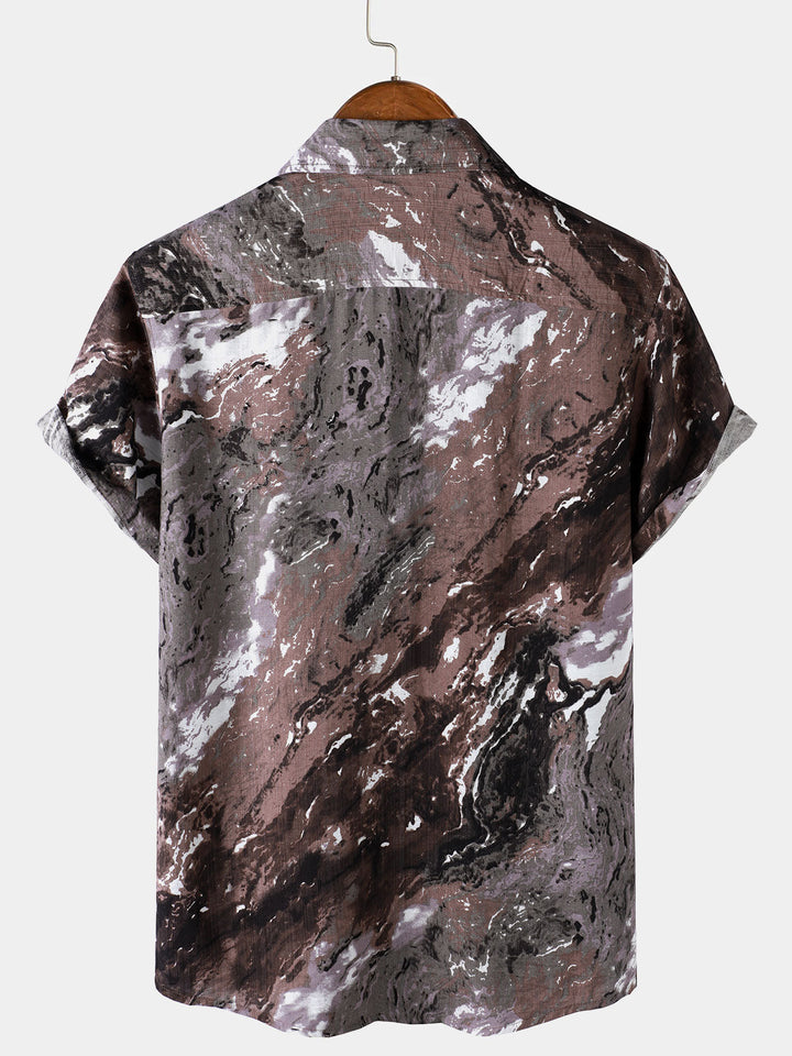 Chemise Homme Marron à Motif Abstrait Vacances Manches Courtes