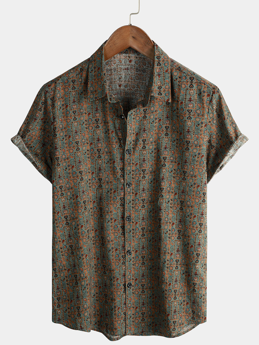 Chemise pour Homme Vintage à Imprimé Paisley des Années 70 avec Boutons en Marron Boho Rétro Tribal à Manches Courtes