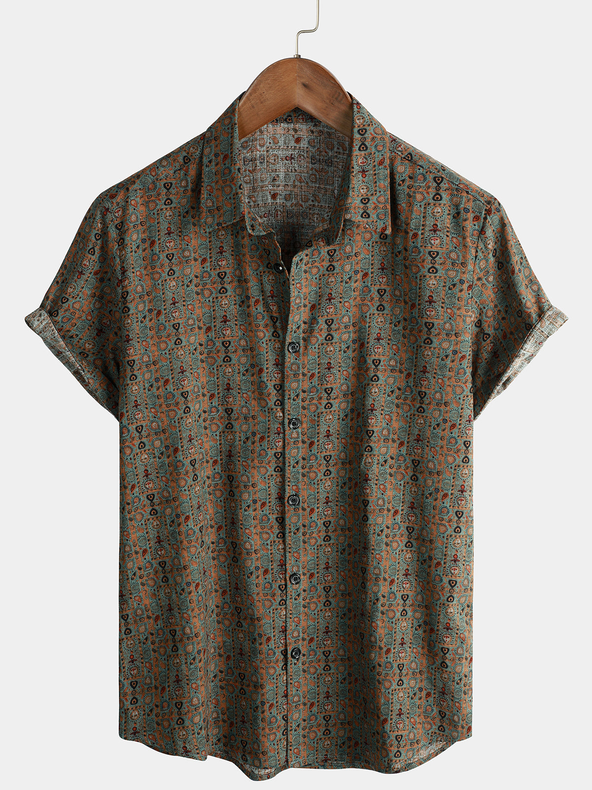 Chemise pour Homme Vintage à Imprimé Paisley des Années 70 avec Boutons en Marron Boho Rétro Tribal à Manches Courtes