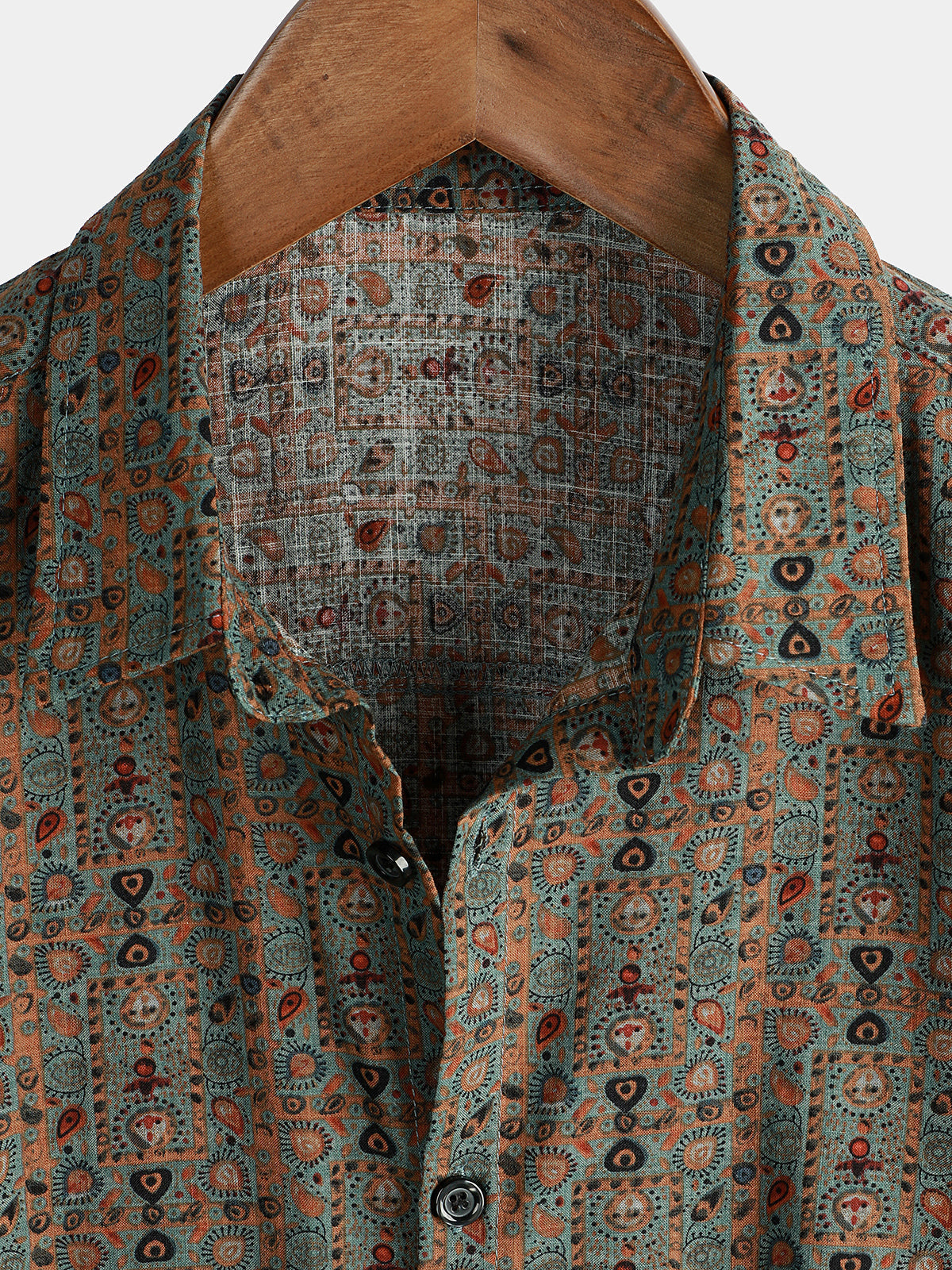 Chemise à manches courtes rétro tribale bohème marron à imprimé cachemire vintage pour homme des années 70