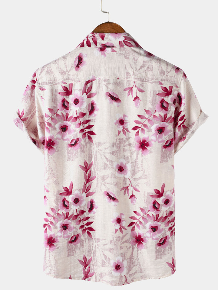 Chemise Homme Rose à Fleurs de Vacances Manches Courtes Boutonnée