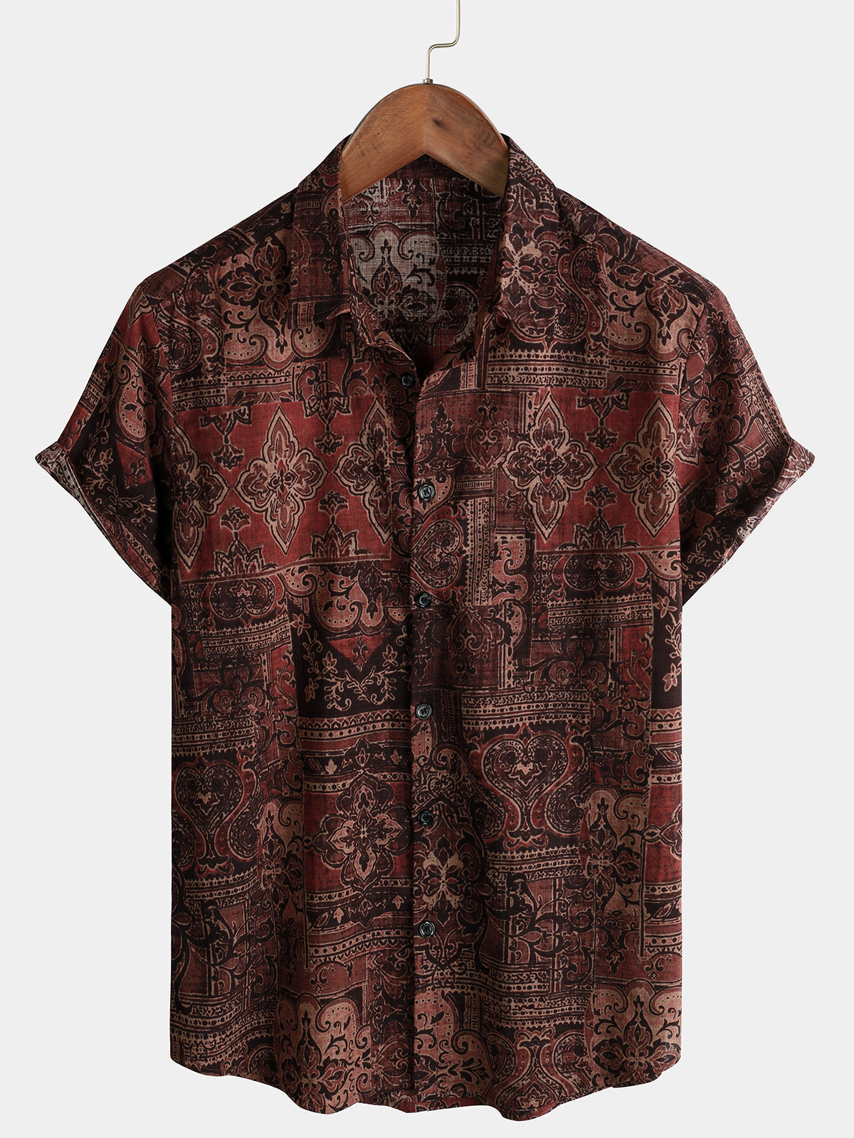 Chemise d'Homme Rétro avec Imprimé Floral Paisley, Boutons, Vintage, Vacances, Western, Marron, à Manches Courtes