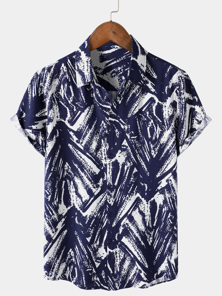 Chemise Homme Bleu Marine à Manches Courtes à Imprimé Géométrique Abstrait