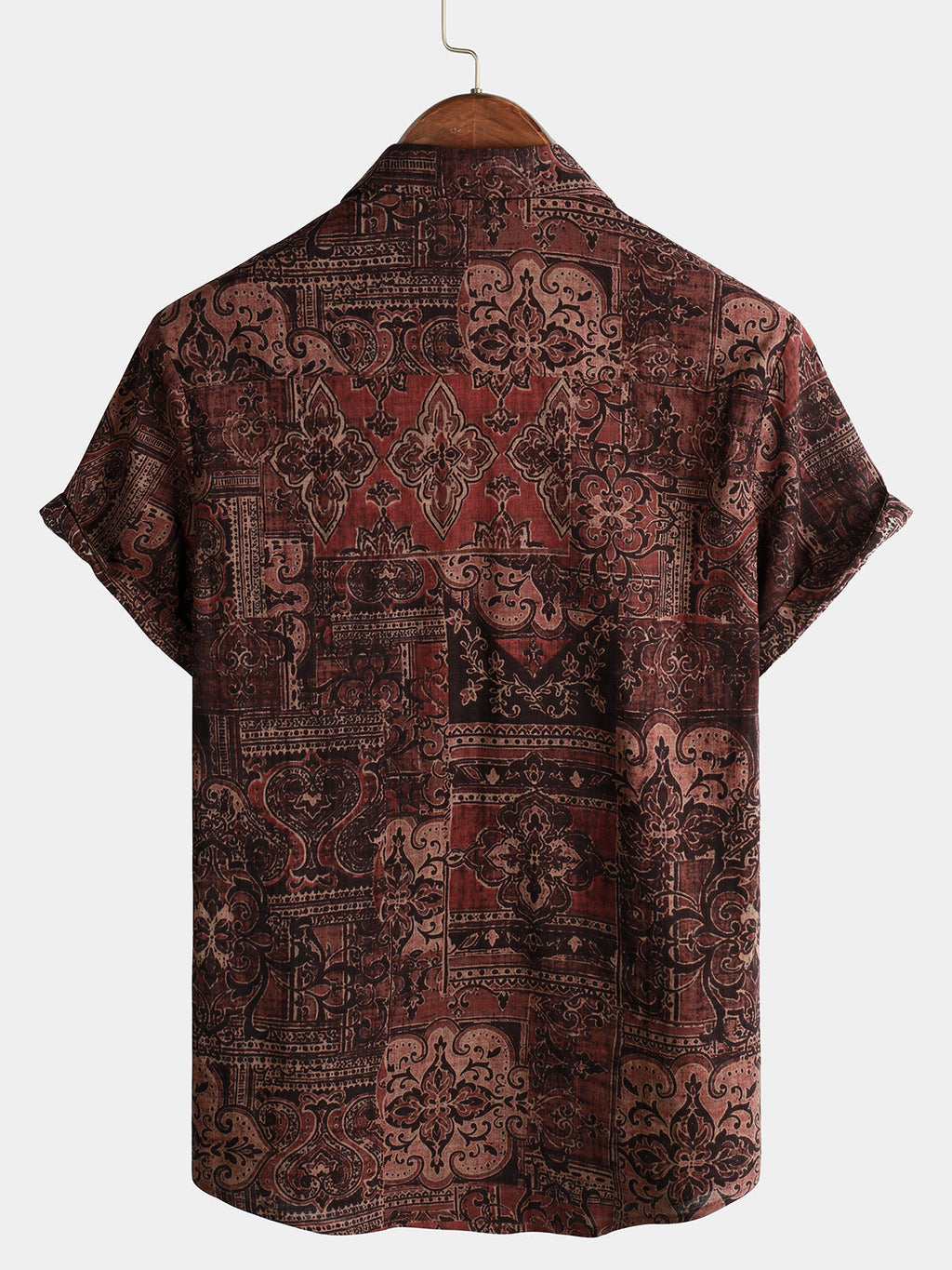 Chemise d'Homme Rétro avec Imprimé Floral Paisley, Boutons, Vintage, Vacances, Western, Marron, à Manches Courtes