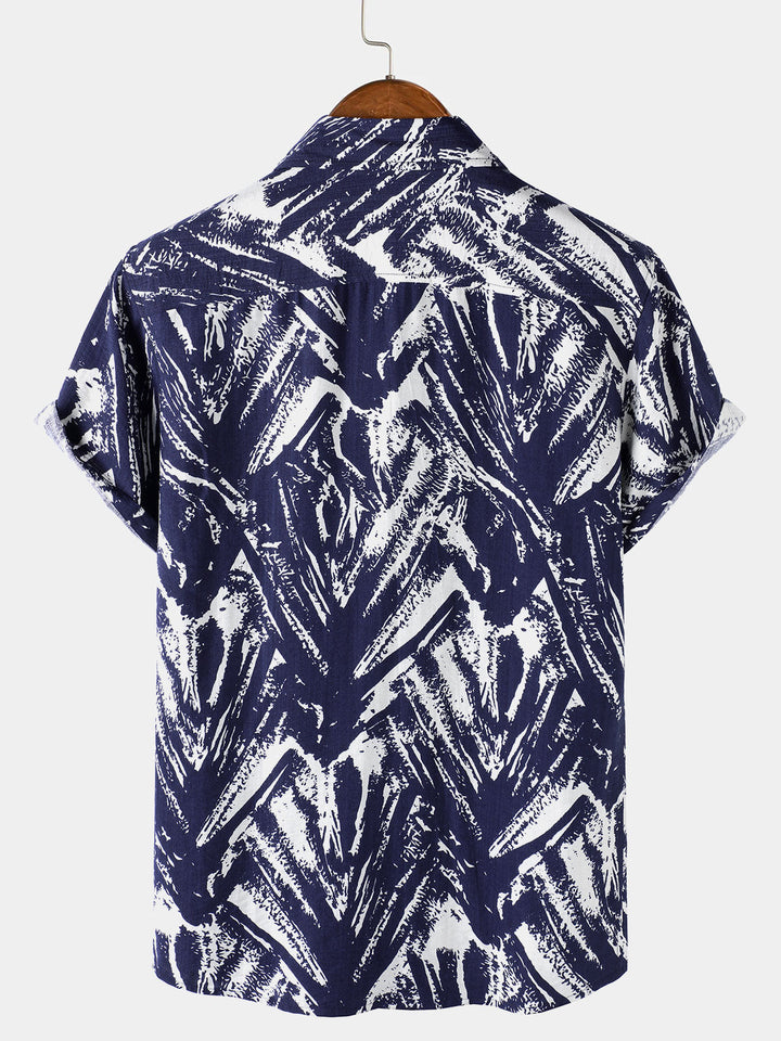 Chemise Homme Bleu Marine à Manches Courtes à Imprimé Géométrique Abstrait