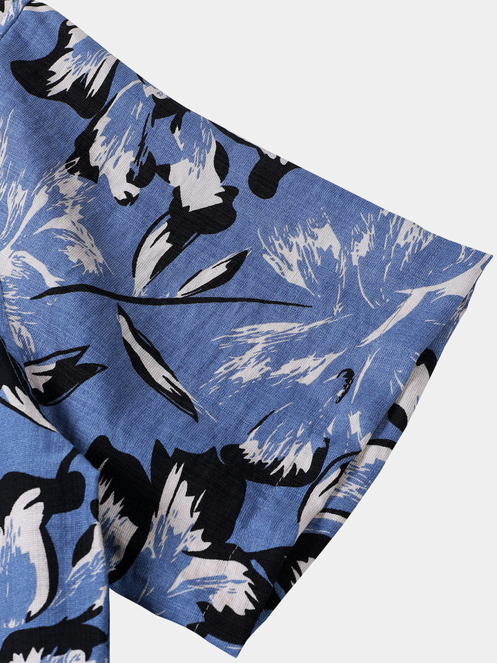 Chemise Homme Tropicale Bleue à Fleurs Manches Courtes Boutonnée