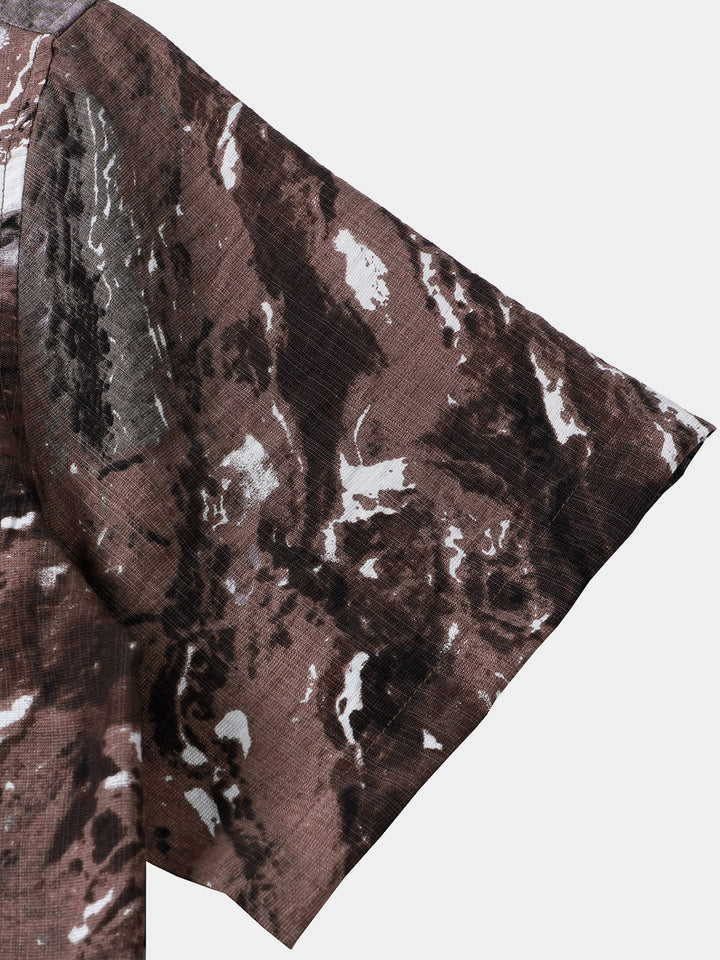Chemise Homme Marron à Motif Abstrait Vacances Manches Courtes