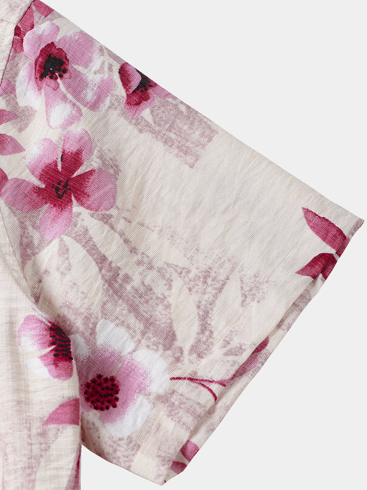 Chemise Homme Rose à Fleurs de Vacances Manches Courtes Boutonnée