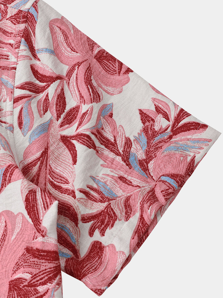 Chemise Homme Hawaïenne Rose Tropicale à Fleurs Manches Courtes