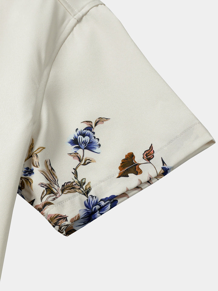 Chemise Homme Crème à Motif Vigne Florale Bleue Décontractée d’Été Manches Courtes