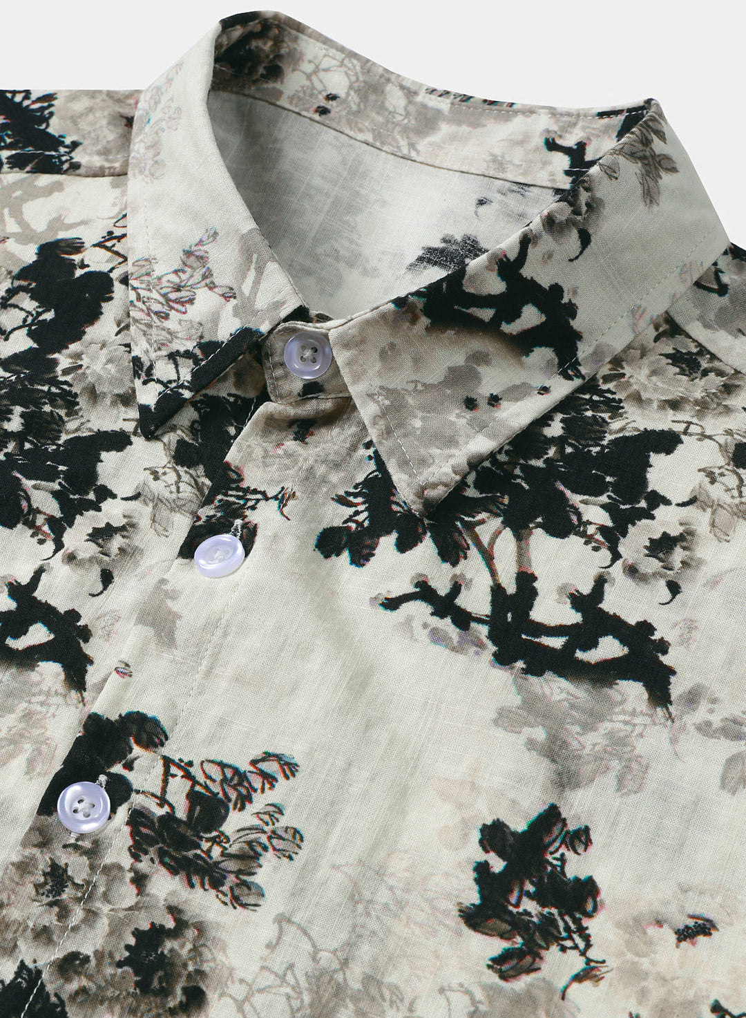 Chemise Homme Beige à Imprimé Floral Effet Encre Lavée Décontractée Manches Courtes
