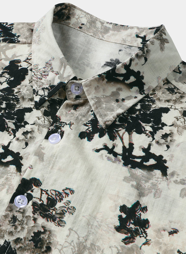 Chemise Homme Beige à Imprimé Floral Effet Encre Lavée Décontractée Manches Courtes