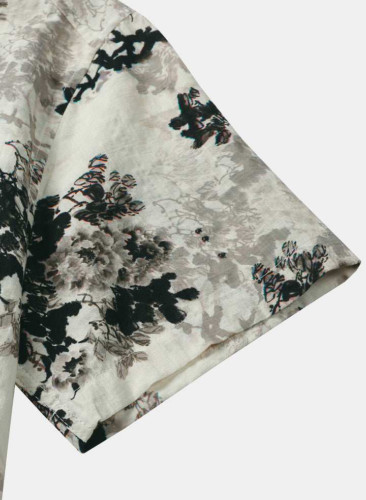 Chemise Homme Beige à Imprimé Floral Effet Encre Lavée Décontractée Manches Courtes