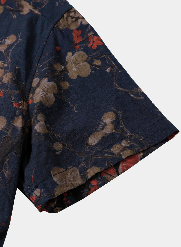Chemise Homme Bleu Marine à Imprimé Floral Artistique Décontractée Manches Courtes