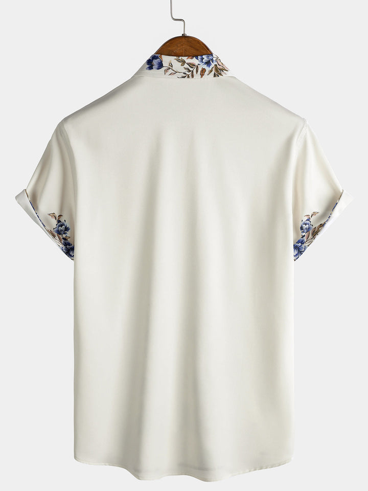 Chemise Homme Crème à Motif Vigne Florale Bleue Décontractée d’Été Manches Courtes