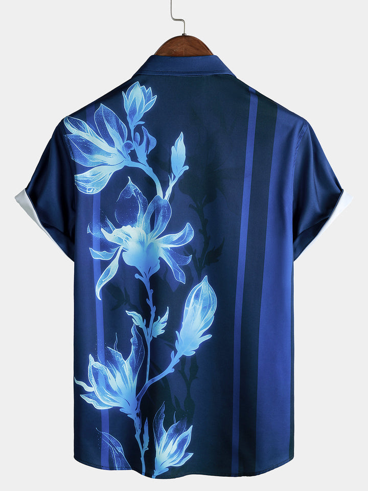Chemise Homme Bleu Marine à Imprimé Floral Décontractée Manches Courtes