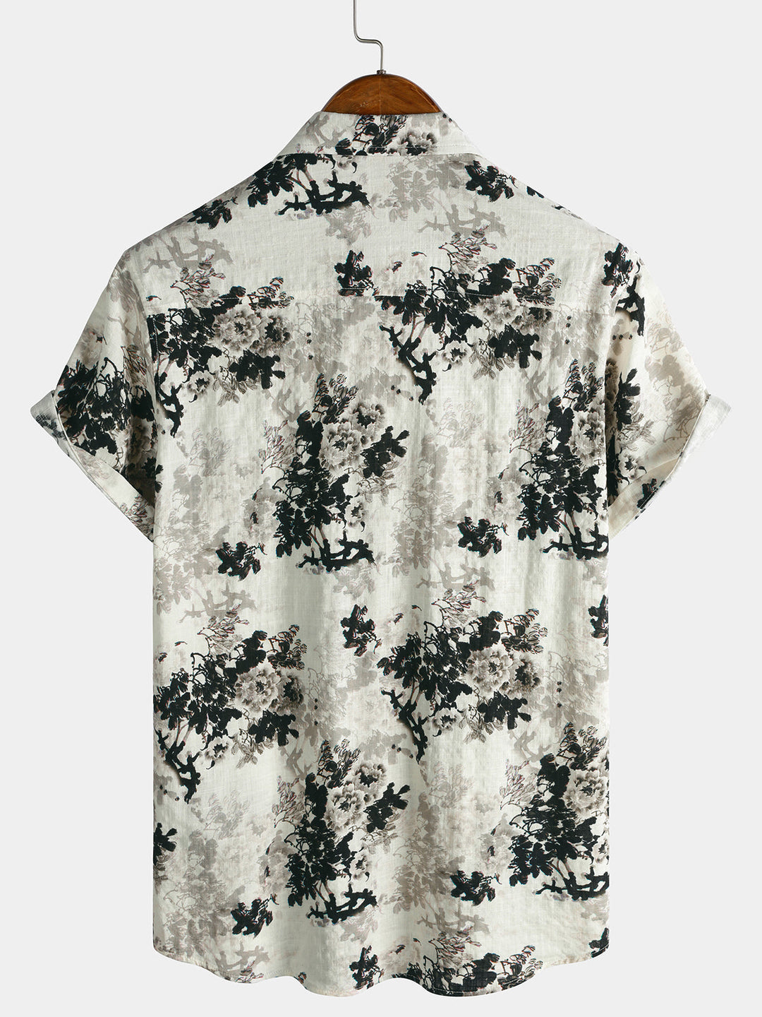 Chemise Homme Beige à Imprimé Floral Effet Encre Lavée Décontractée Manches Courtes