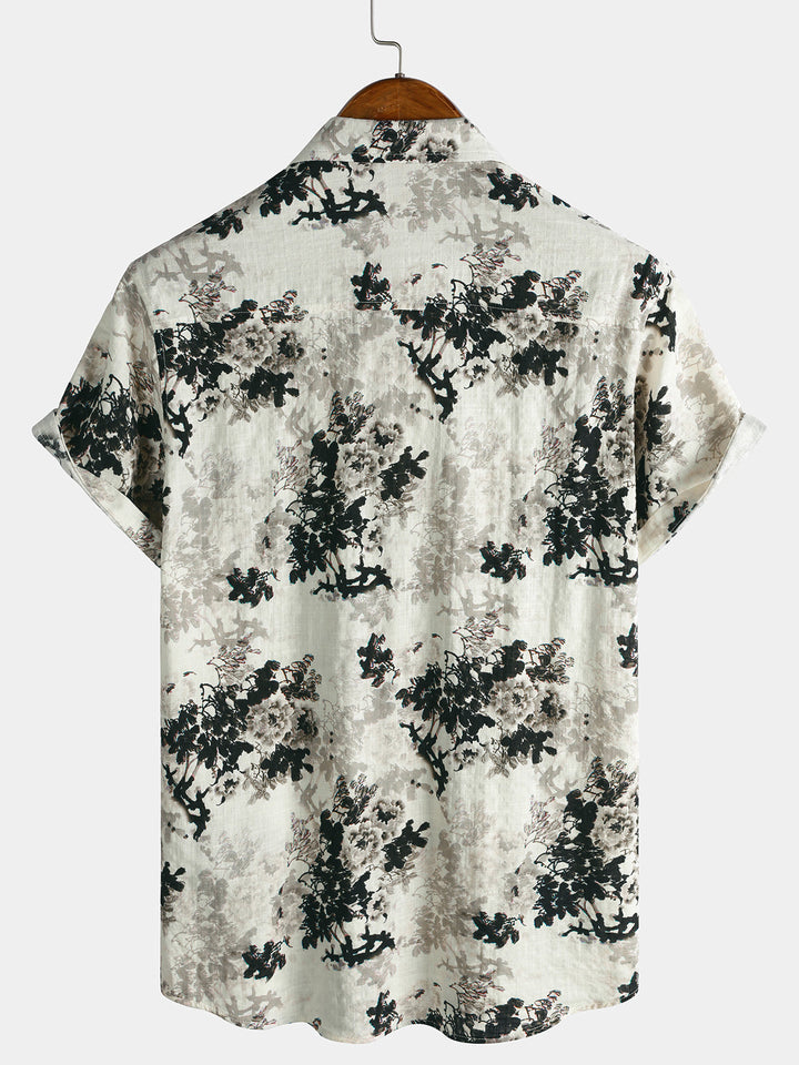 Chemise Homme Beige à Imprimé Floral Effet Encre Lavée Décontractée Manches Courtes