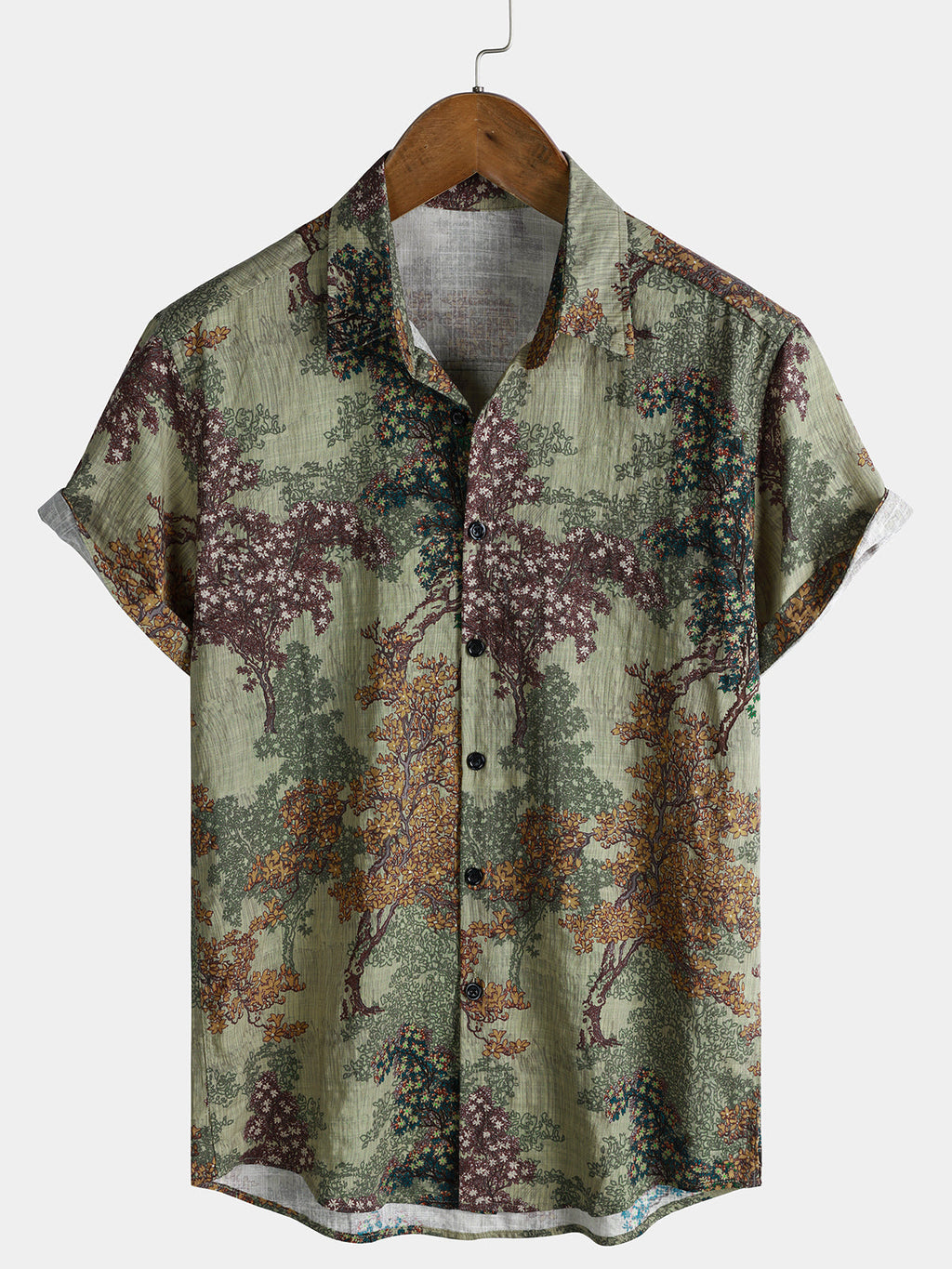 Chemise Casual à Manches Courtes Verte Vintage avec Imprimé Woodland pour Homme