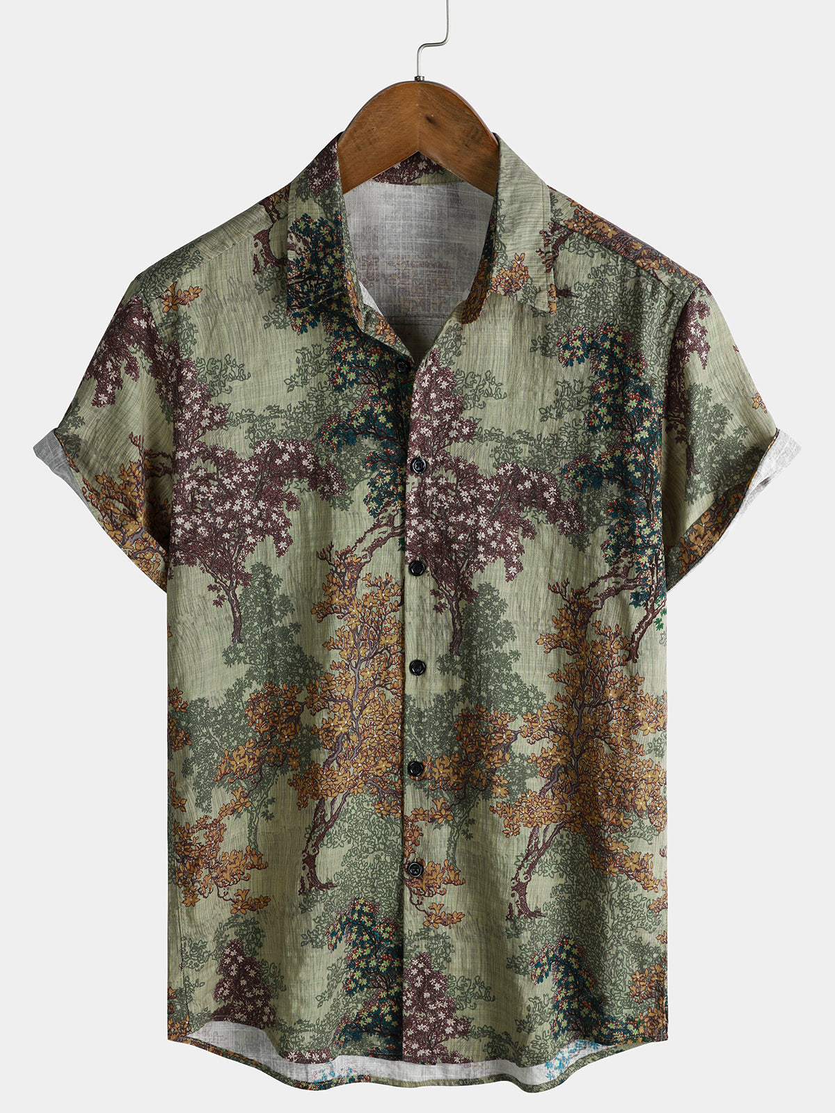 Chemise Casual à Manches Courtes Verte Vintage avec Imprimé Woodland pour Homme