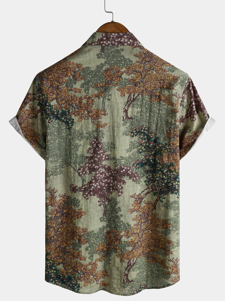 Chemise décontractée vintage à manches courtes verte avec imprimé forêt pour homme