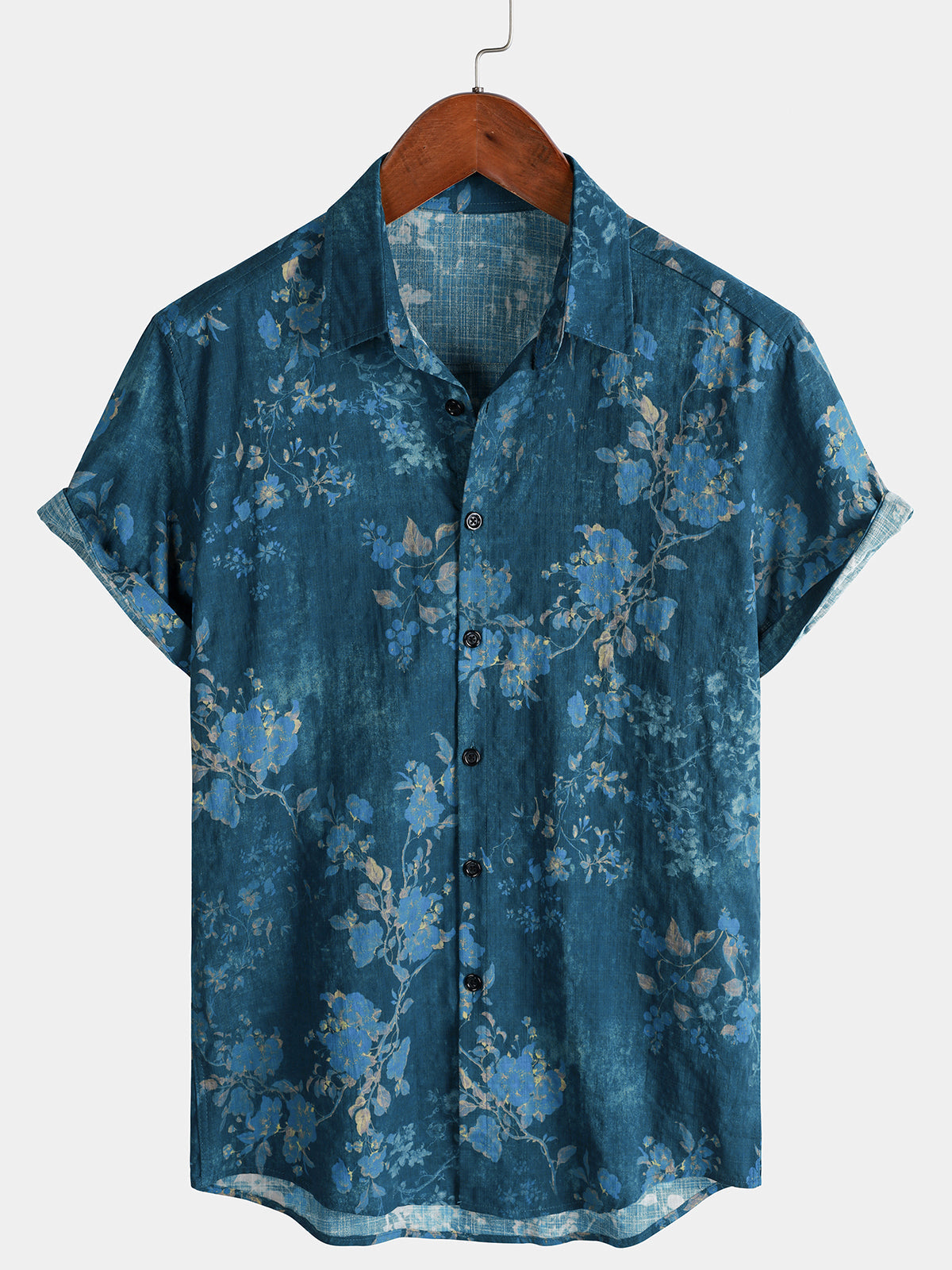 Chemise Décontractée à Manches Courtes avec Imprimé Floral Aquarelle en Bleu pour Homme