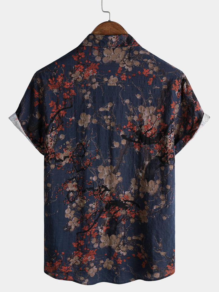 Chemise Homme Bleu Marine à Imprimé Floral Artistique Décontractée Manches Courtes