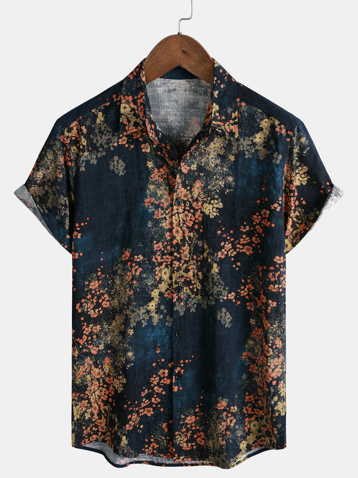 Chemise Casual à Manches Courtes avec Imprimé Floral Abstrait en Bleu Marine pour Homme