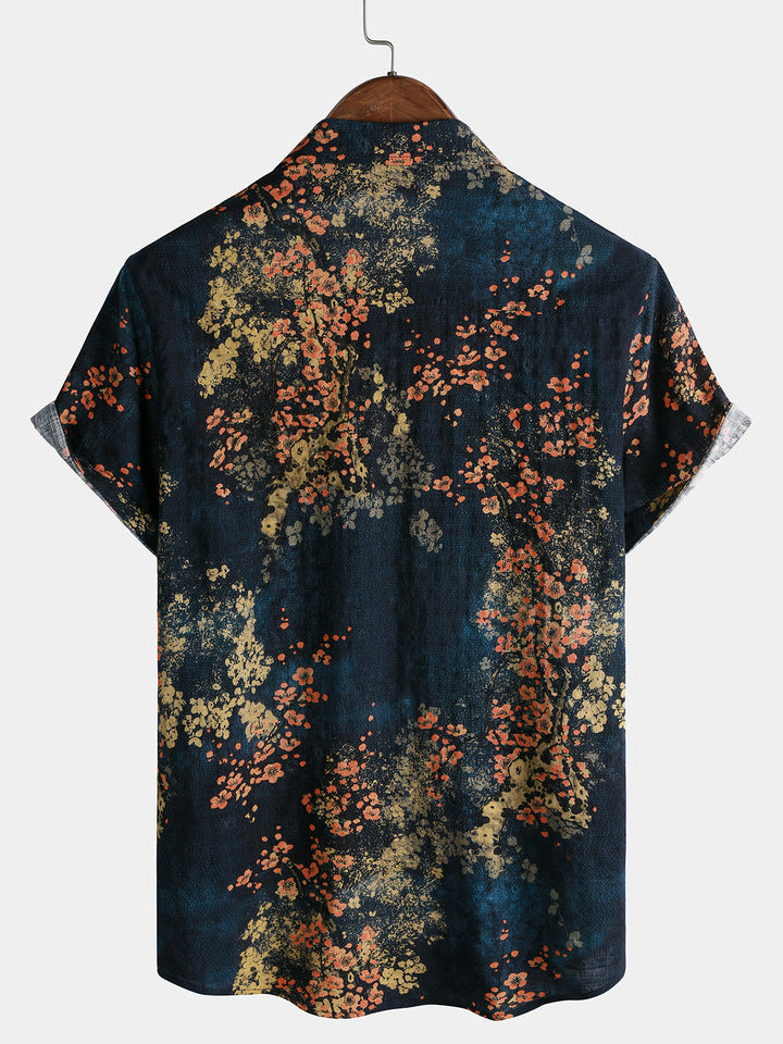 Chemise Homme Bleu Marine à Imprimé Floral Abstrait Décontractée Manches Courtes