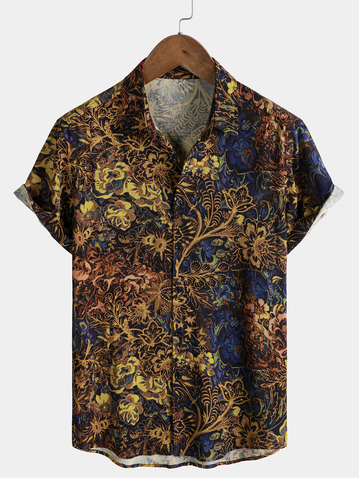 Chemise Homme Jaune à Imprimé Floral Rétro 100% Rayon Style Resort Manches Courtes
