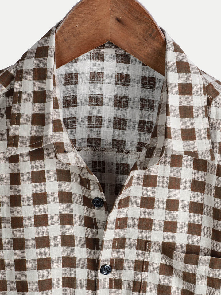 Chemise à manches courtes et poches en coton à carreaux marron pour homme