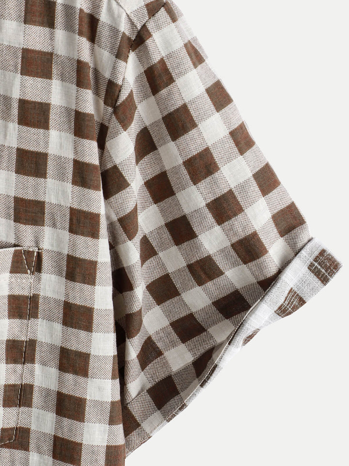 Chemise à manches courtes et poches en coton à carreaux marron pour homme