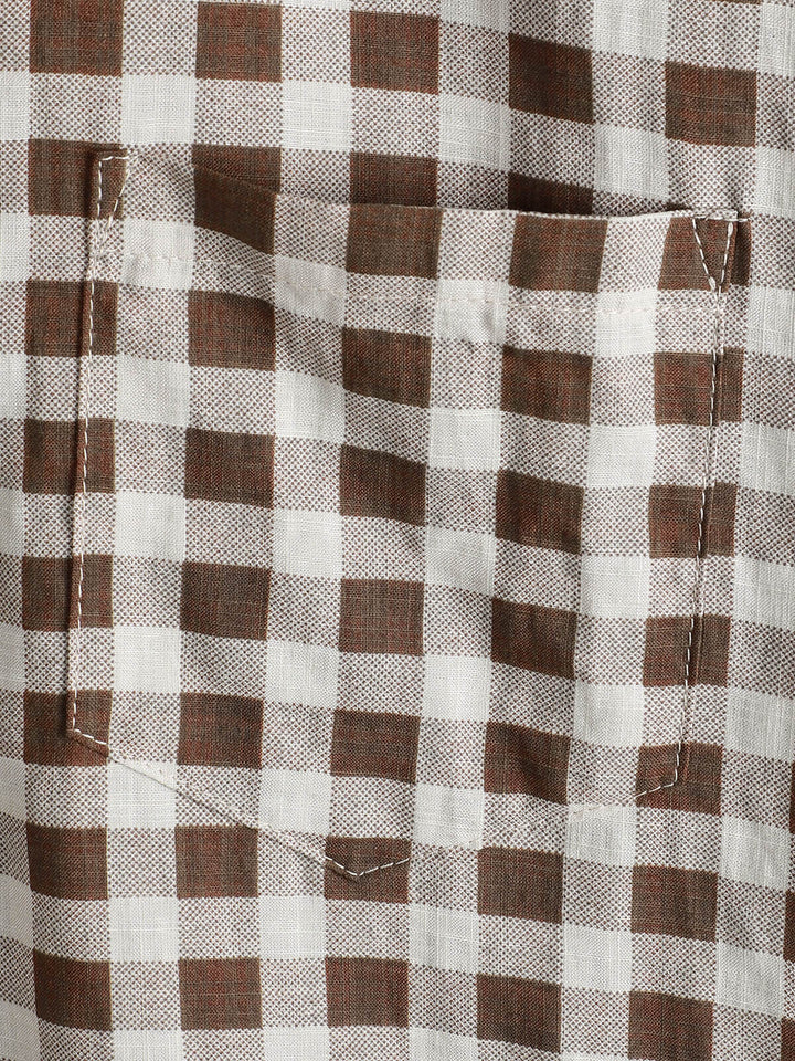 Chemise à manches courtes et poches en coton à carreaux marron pour homme