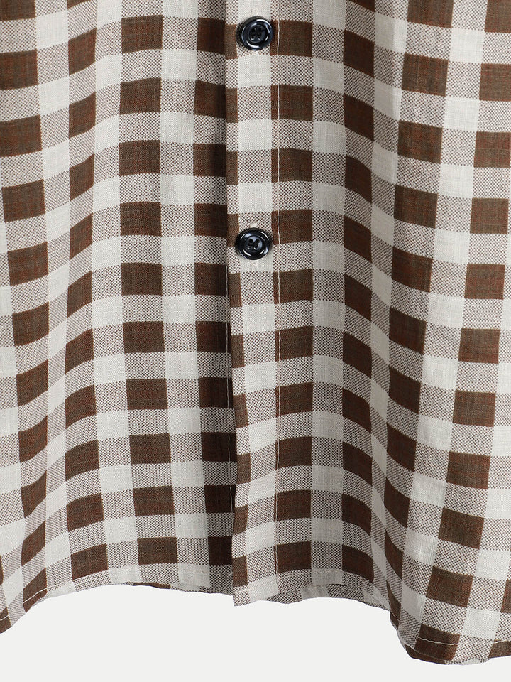 Chemise à manches courtes et poches en coton à carreaux marron pour homme