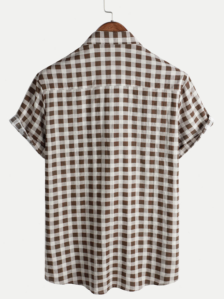 Chemise à manches courtes et poches en coton à carreaux marron pour homme