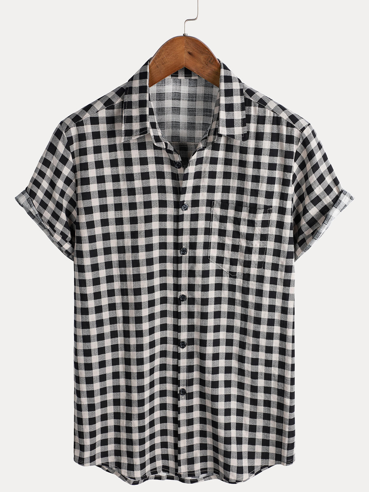 Chemise à manches courtes et poches en coton à carreaux noirs pour homme