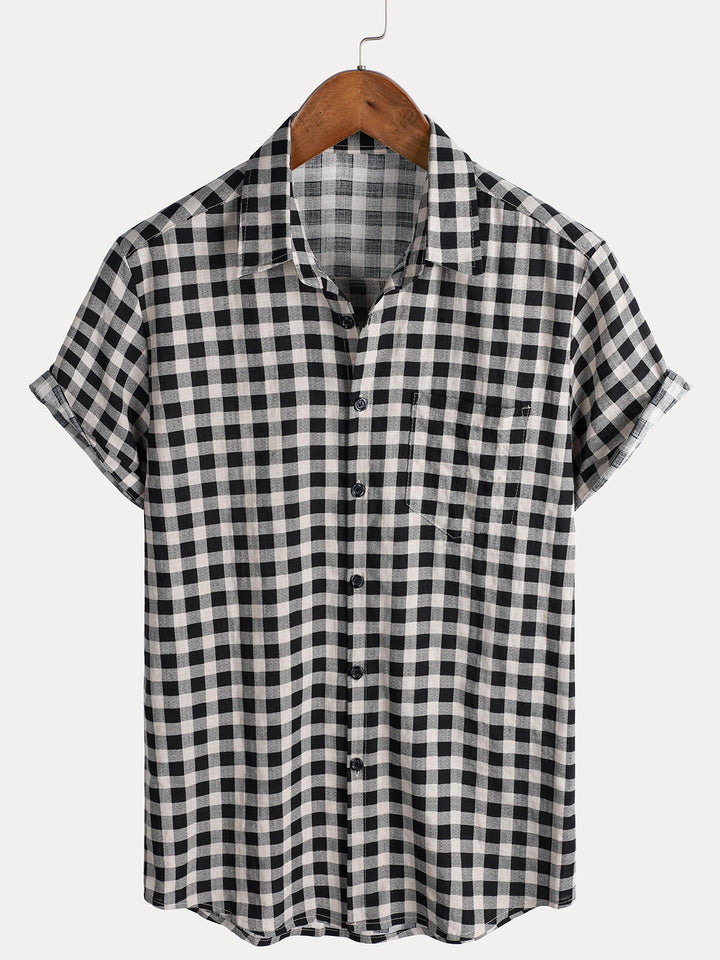 Chemise à manches courtes et poches en coton à carreaux noirs pour homme