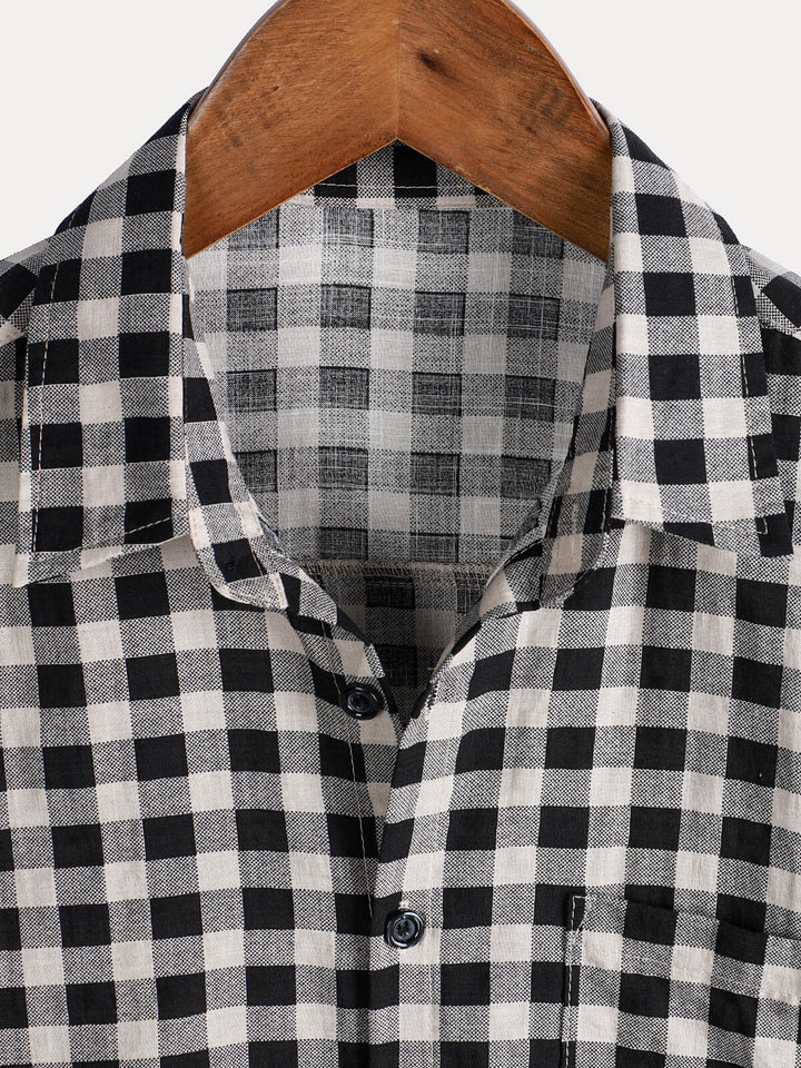 Chemise à manches courtes et poches en coton à carreaux noirs pour homme