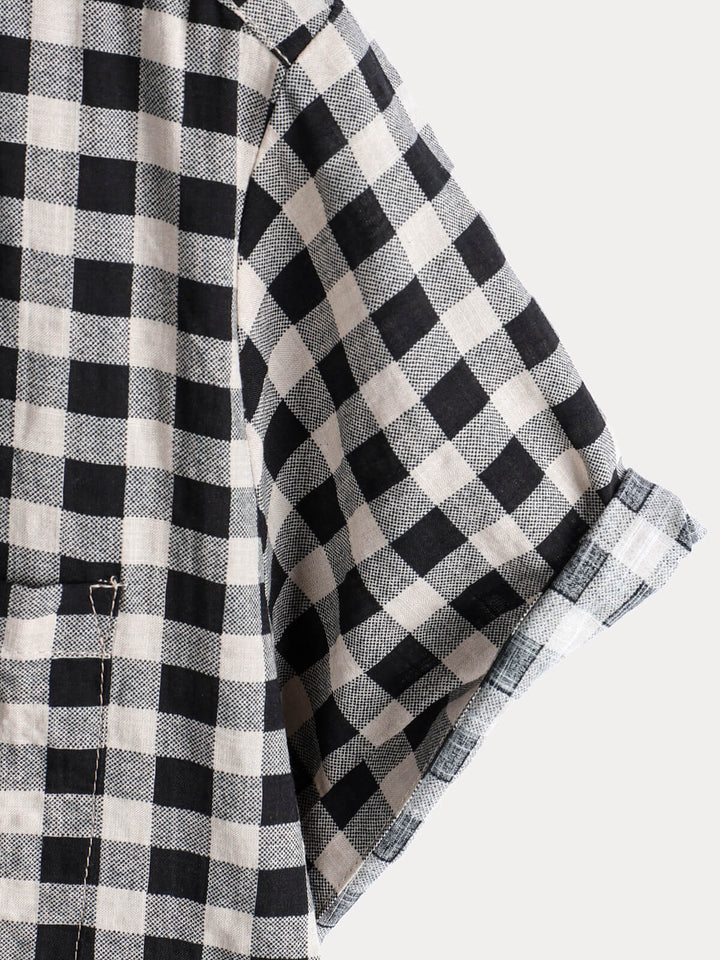 Chemise à manches courtes et poches en coton à carreaux noirs pour homme