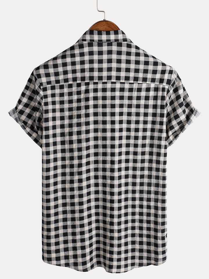 Chemise à manches courtes et poches en coton à carreaux noirs pour homme