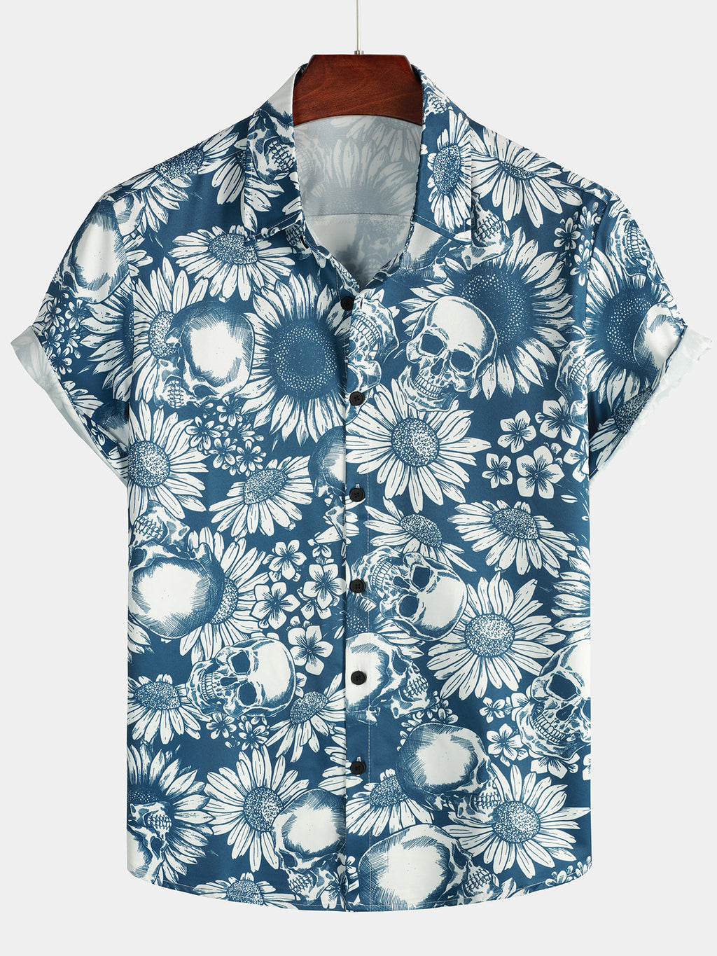 Chemise hawaïenne en art avec boutons de crâne de tournesol pour homme, à manches courtes, bleue, rock and roll