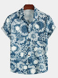 Chemise hawaïenne en art avec boutons de crâne de tournesol pour homme, à manches courtes, bleue, rock and roll