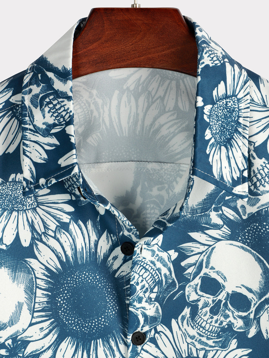 Chemise hawaïenne en art avec boutons de crâne de tournesol pour homme, à manches courtes, bleue, rock and roll