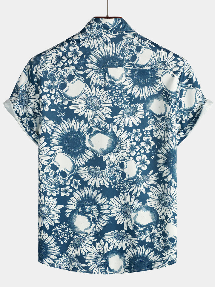 Chemise hawaïenne Rock and Roll bleue à manches courtes pour homme avec tête de mort et tournesol
